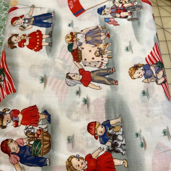 1/2 yd Retro Kids 4th of July Picnic Print Cotton Fabric by for David Textiles