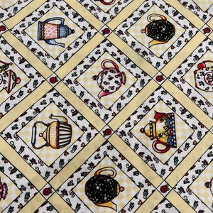 Fat Quarter Mary Engelbreit Fabric Teapot Lattice on Yellow Cotton Quilt Fabric