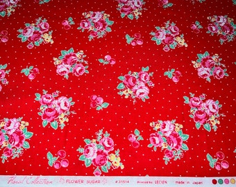 May include: Red fabric with a white polka dot pattern and a floral print of pink roses, green leaves, and yellow centers. The fabric has the text "Floral Collection", "FLOWER SUGAR", "# 31514", "Printed by LECIEN", and "made in Japan".