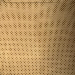 May include: Close-up of a tan fabric with a repeating pattern of small, evenly spaced brown dots. The fabric has a slightly textured appearance, and the dots are consistent in size and color.