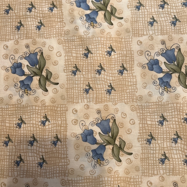 1/2 yd Vintage Debbie Mumm Blue Flowers Floral  Print cotton fabric for SSI