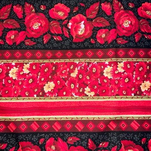 1/2 yd Vintage Red & Black Floral Stripe Cotton Fabric
