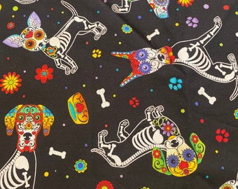 1/2 Yd Sugar Skull Dog Print by Timeless Treasures Cotton Fabric