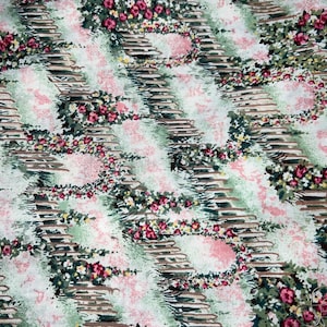 1/2 yd Vintage Garden Gate Scene print Cotton Fabric by Bahnkem for WFR