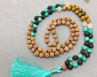 PROTECTION Rudraksha mala with lava and imperial jasper  / 108 japa mala / 8mm beads mala / prayer beads / spiritual mala