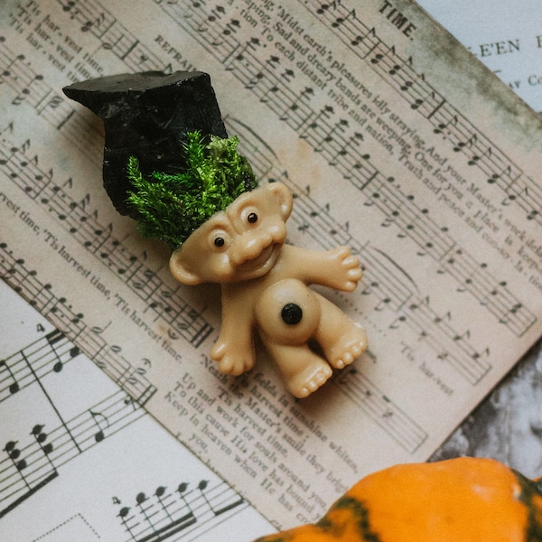 Mini Obsidian Troll- | Crystal Troll | Good Luck Charm | Obsidian | Fairy Garden | 90s toy | 90s Nostalgia | Vintage Toy | Goth Decor |