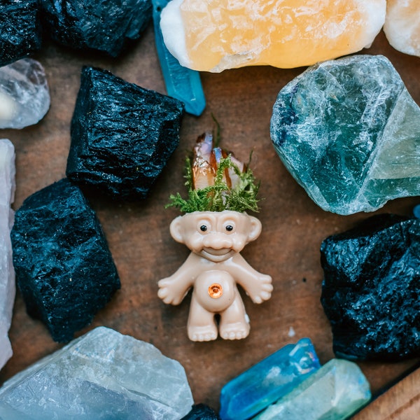 Mini Tangerine Aura Quartz Troll- | Crystal Gift | Crystal Troll | Troll Doll | Vintage Troll | Troll Toy | Troll Gift | Crystal Healing |