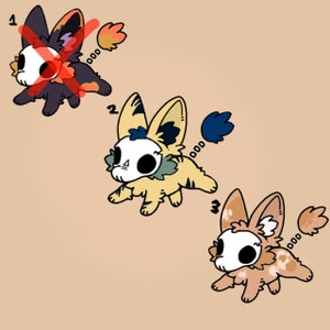 May include: Three cartoon illustrations of a cute, furry creature with a skull face. The first creature is black with orange and yellow markings. The second creature is yellow with green and blue markings. The third creature is brown with white and orange markings.