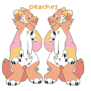 May include: A digital illustration of a peach-colored furry creature with yellow, pink, and white markings. The creature is standing on all fours and has a friendly expression. The text "peaches" is written above the creature.