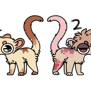 Op de afbeelding: Twee cartoonillustraties van een lemuur-achtig wezen met verschillende gekleurde staarten en vlekken. De eerste lemur is lichtbruin met een bruine staart en bruine vlekken. De tweede lemur is lichtbruin met een roze staart en roze vlekken. De eerste lemur heeft het nummer "1" erboven en de tweede lemur heeft het nummer "2" erboven.