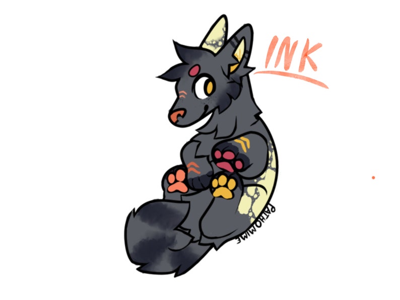 May include: A cartoon illustration of a black and grey wolf with yellow and orange markings. The wolf is sitting with its paws tucked in and has a friendly expression. The word "INK" is written in pink above the wolf.