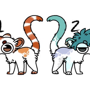 May include: Two cartoon lemurs with different colored tails and spots. The lemur on the left has a red and white striped tail and orange spots. The lemur on the right has a teal tail and blue and gray spots. The lemur on the left has a number "1" above it and the lemur on the right has a number "2" above it.