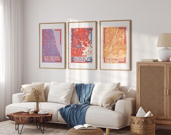 City Prints, Custom Map Print, City Map Art, Custom Map, Personalized Gift, Maximalist Wall Art, Set of Three Prints, Digital Prints