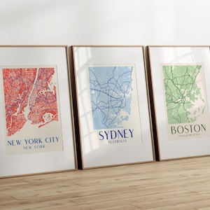 Impressões de cidades, impressão de mapas personalizados, impressão de mapas de cidades, mapa personalizado, decoração Dopamine, decoração maximalista, conjunto de três impressões, impressões digitais