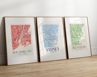 City Prints, Custom Map Print, City Map Print, Custom Map, Dopamine Decor, Maximalist Decor, Set of Three Prints, Digital Prints