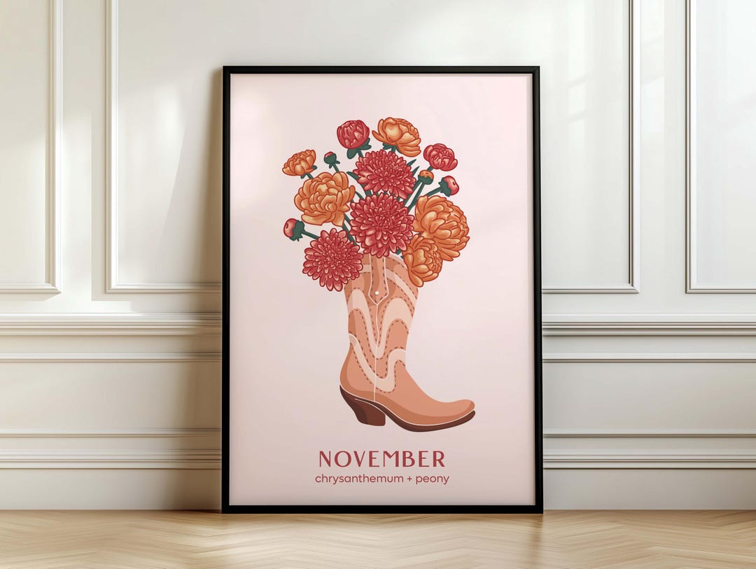 November Birth Flower Cowgirl Boot Print: Boho Western Art (digital ...
