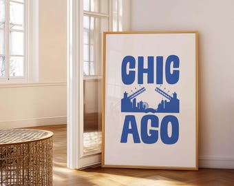 Chicago Typografie Kunstdruck: Blaues Stadtbild Poster (Digitaler Download)