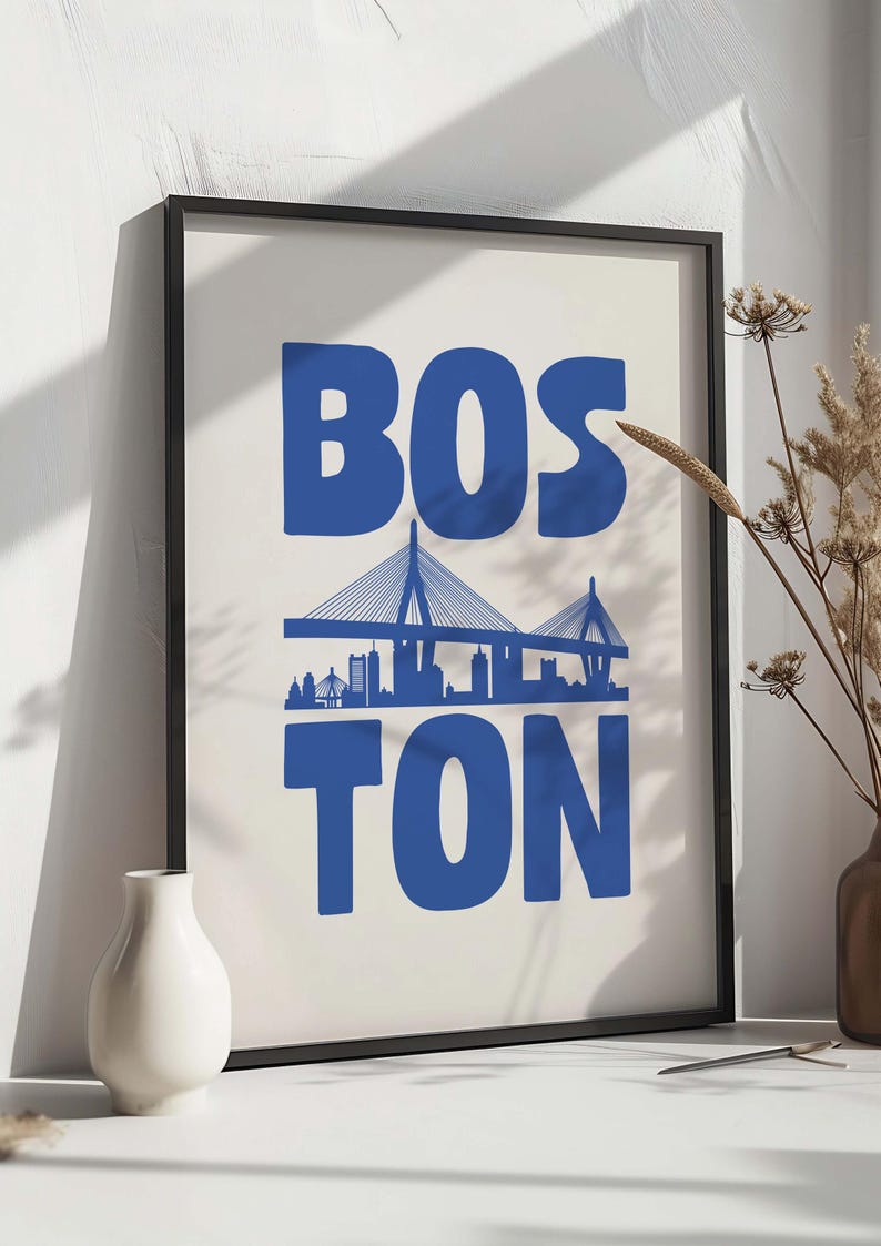 Boston Typography Art Print: Blue Cityscape Wall Art (digital Download ...