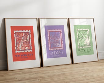 City Prints, Custom Map Print, City Map Print, , Dopamine Decor, Funky Wall Art, Set of Three Prints, Digital Prints, New Home Gift