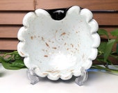 Vintage, 1950 s handmade scalloped Murano cased glass bowl in white and black with gold flecks.