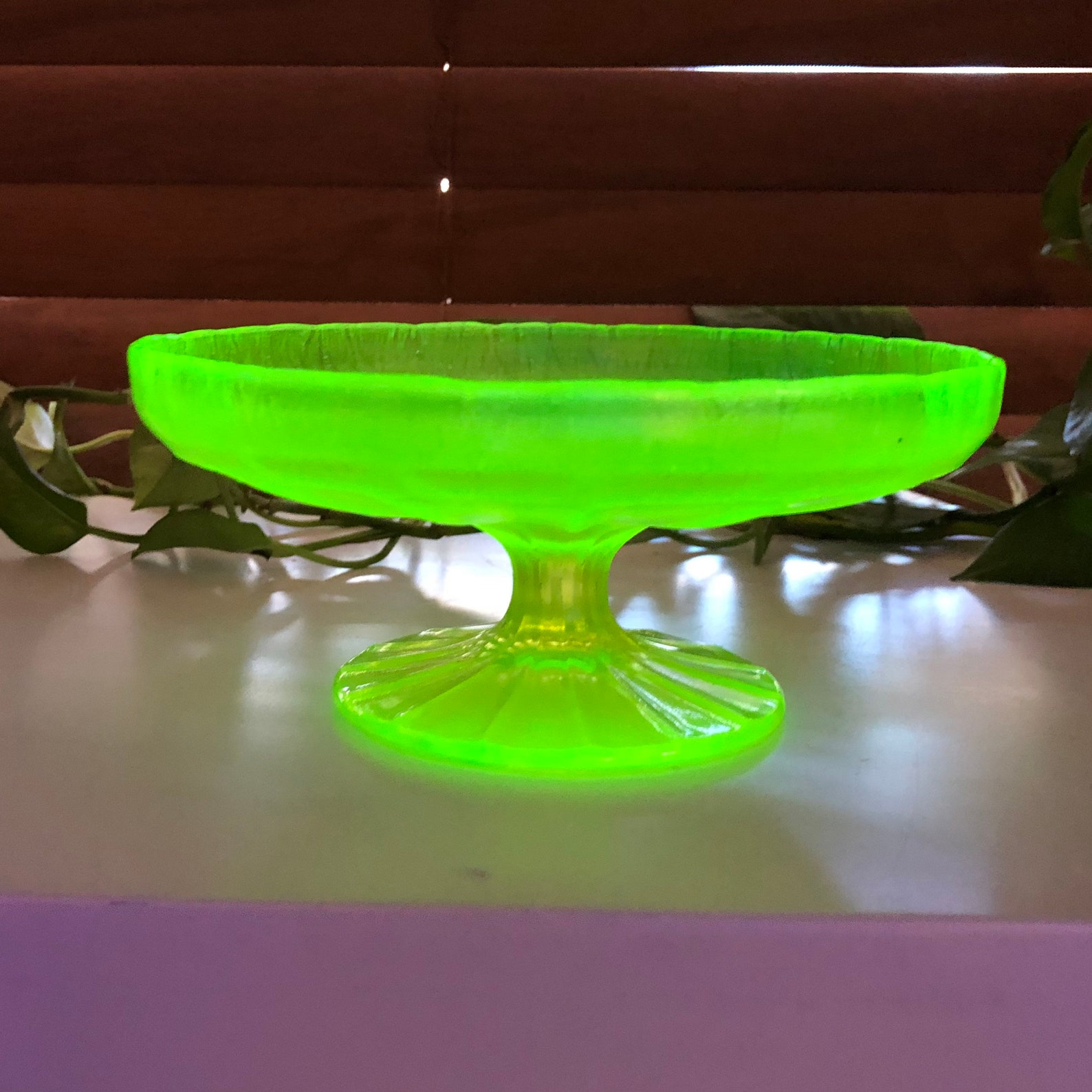 Vintage iridescent yellow Vaseline glass candy dish/pedestal. Etsy