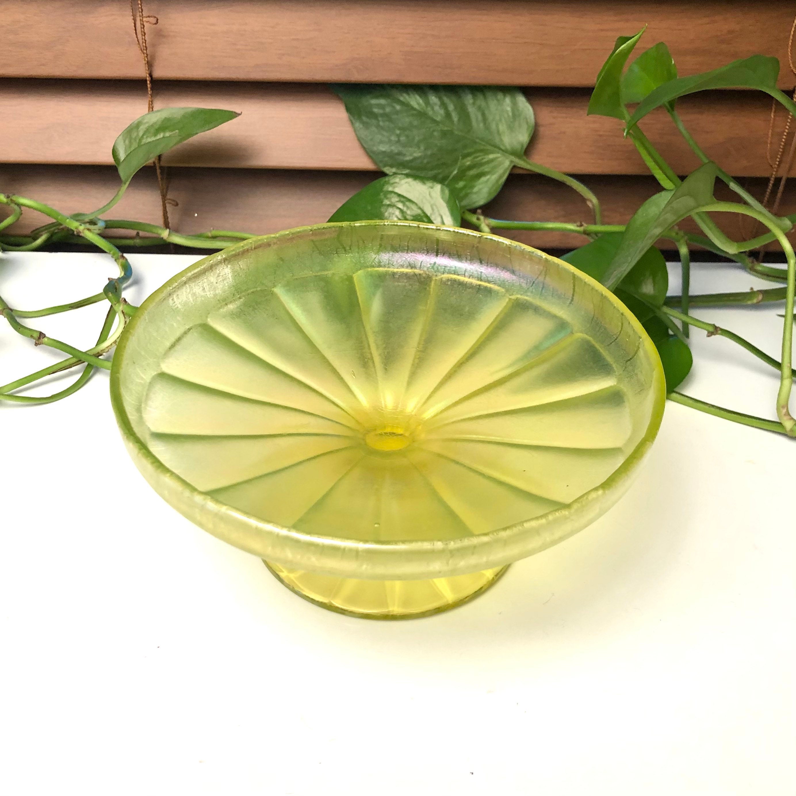 Vintage iridescent yellow Vaseline glass candy dish/pedestal. Etsy