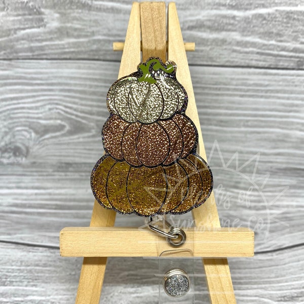 Stacked Foil Metallic Pumpkins Badge Reel | Fall, Halloween, October, Autumn | Interchangeable, Glitter | Badge Holder, Clip | Nurse, Doctor
