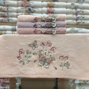 Turkish Bath Towel, Butterfly and Flowers Embroidery, Pink Towel, 100% Organic Cotton, 50*90 cm, Unique Gift, Home Decor and Dowry.