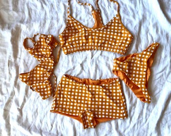 Gecropte zwemtop, omkeerbare strandkleding, bikini voor schootzwemmen, sportieve crop top, gekruiste strik op de achterkant, leuk badpak, tweedelig, racerback, gingham-ruit