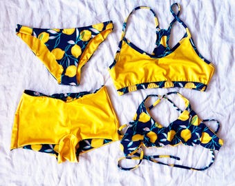 Sportieve citroenbikini, omkeerbare strandkleding, zwemshort, bikini voor schootzwemmen, crop top, gekruiste strik op de rug, leuk badpak, tweedelig