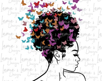 Black Girl Magic with Butterflies, Black Woman PNG, Black Woman Afro Hairstyle Diva, Afro lady woman, Black Woman Clip art, African American