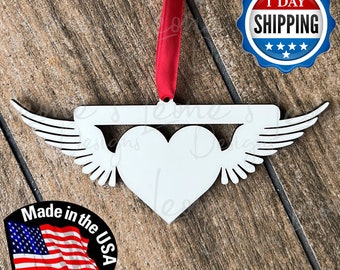Sublimation Heart with Wings Ornament: Hardboard Blanks, MDF (Red Ribbon Included)