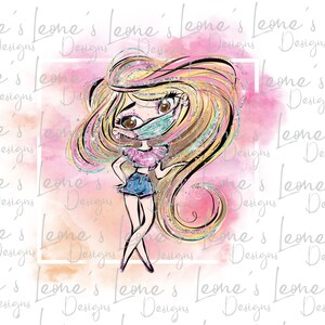May include: A digital illustration of a girl with long blonde hair wearing a pink shirt, blue denim shorts, and a face mask. The background is a watercolor wash of pink and orange.