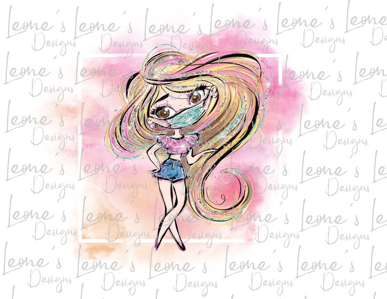 May include: A digital illustration of a girl with long blonde hair wearing a pink shirt, blue denim shorts, and a face mask. The background is a watercolor wash of pink and orange.
