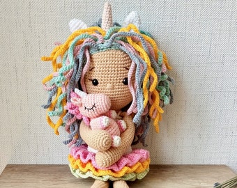 Crochet Big Unicorn Doll: Rainbow Hair, Tiny Stuffed Unicorn & Donut