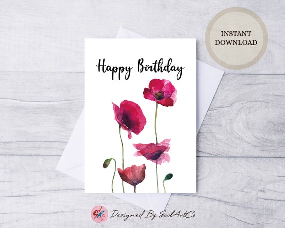 Printable Poppy Happy Birthday Card for Her Watercolor Flower - Etsy