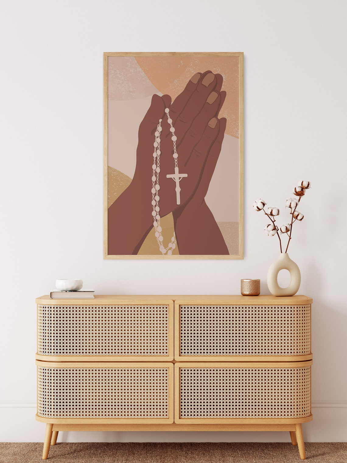 Printable Catholic Rosary Wall Art, Boho Praying Hands Wall Art Print