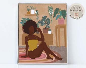Printable Plant Lady Art Print, Black Woman Art, Indoor House Botanical Plants Wall Art, Cozy Plant Lover Illustration, Boho Poster Download
