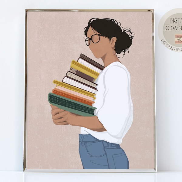 Woman Wearing Glasses who Carries Books Art, Library Wall art, Gift for Book Reader, Boho Woman Illustration, Book Themed Book lover art