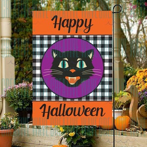 Happy Halloween Vintage Kitty Cat Fall Garden Flag  12x18