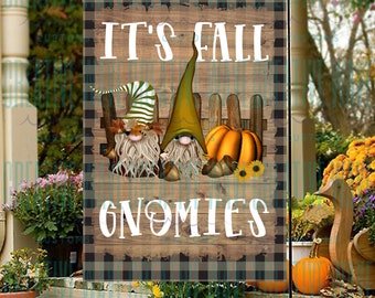 It's Fall Gnomes Buffalo Plaid Halloween Fall Garden Flag  12x18