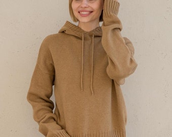 Merino Wolle Hoodie Camel Beige Strick Merino Pullover Warm Weich Gestrickt Frauen Gemütliche Wolle Pullover Minimalist Loose Fit Hoodie Handgemacht