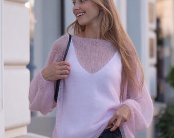 Weicher Mohair-Pullover, rosafarbener, durchsichtiger Pullover für Frauen, flauschiger Mohair-Pullover mit Ballonärmeln, hergestellt in benutzerdefinierter Farbe