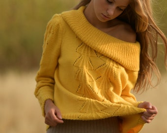 Chunky Mustard Knit Sweater, Turtleneck Wide Collar Yellow Merino Sweater