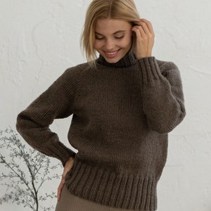 Brown Wool Warm Sweater High Neck Chunky Knit Pullover Womens Cozy Winter Merino Jumper Cable Knit Handmade Turtleneck Knitwear