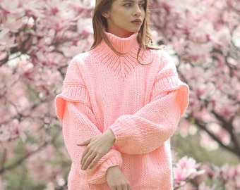 Pink Oversized Turtleneck Sweater Women Chunky Knit Pullover Cozy Soft Wool Jumper Winter Fashion Warm Loose Fit Knitwear Gift