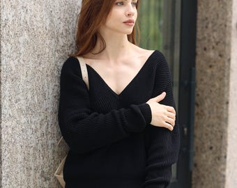 Wende-Ausschnitt Pullover Tiefem V Merino Wolle Oversized Strickpullover Weich Warm Minimalist Frauen Pullover Kuschelige Handmade Nachhaltige Strickwaren