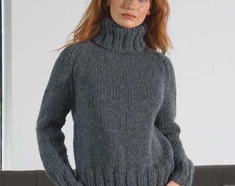 Wolle Pullover Dunkelgrau High Neck Warmer Grobstrick Pullover Damen Gemütliche Winter Pullover Merinowolle Handgefertigte Rollkragen Strick dicker Pullover
