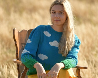 Cute Blue Cloud Sweater, Blue Sky Knit Sweater, Women's Handmade Sweater