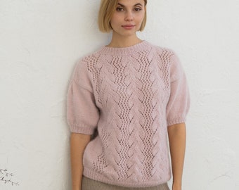 Pink half sleeve openwork sweater, Cozy angora crop sweater, Openwork short sleeve top
